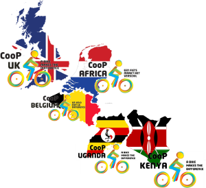Landennetwerk Cycling out of Poverty: CooP Africa, CooP UK, CooP Belgium, CooP Uganda en CooP Kenya.